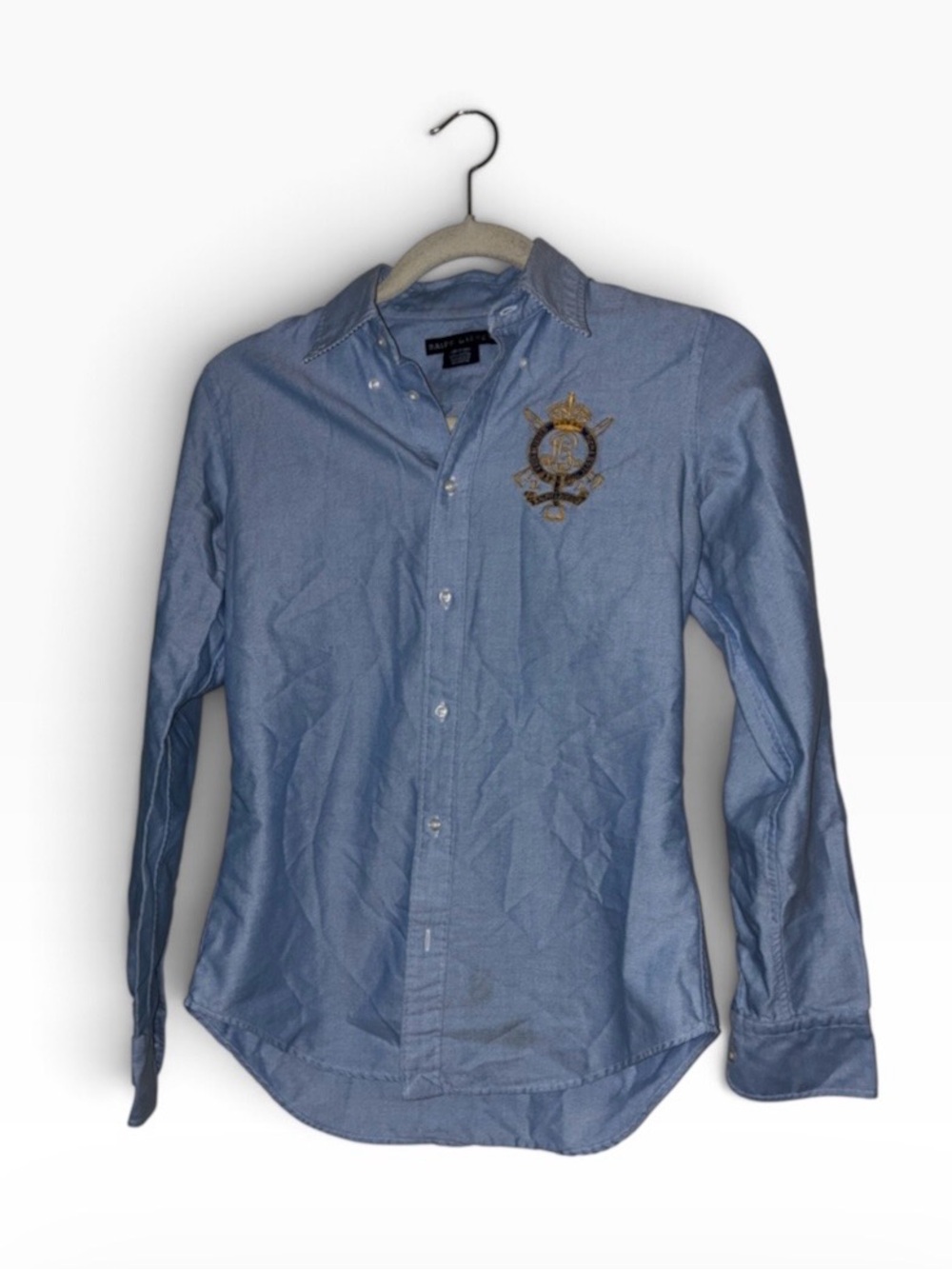Ralph Lauren Women’s Light Blue Button-Down Shirt with Embroidered Crest Sz 4